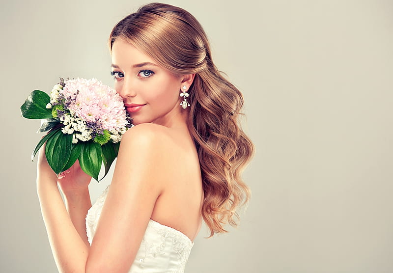 The bride, Dress, Smile, Pose, Bouquet, Hairstyle, HD wallpaper
