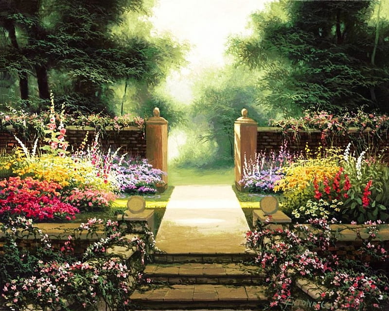 Park Entry, painting, summer, flowers, stairs, garden, artwork, HD wallpaper
