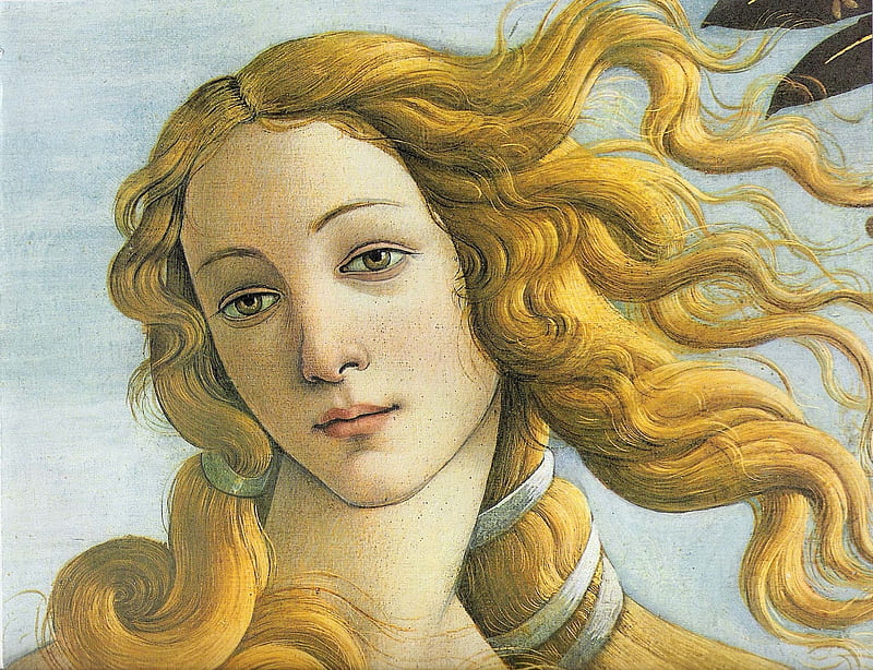 The Birth of Venus (detail), the birth of venus, venus, girl, goddess, painting, blonde, face, art, sandro botticelli, pictura, HD wallpaper