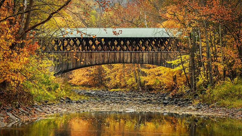 Covered Bridge Near Blenheim, State of New York, reflections, usa, river, trees, water, autumn, colors, leaves, fall, HD wallpaper