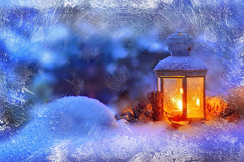 Christmas lantern, pretty, lantern, christmas, holiday, bonito, new year, lights, winter, ice, nsow, frost, HD wallpaper