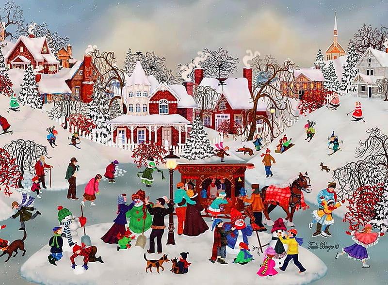 Winter village, art, holiday, bonito, fun, joy, snowman, winter, countryside, snow, people, painting, ice, village, frost, HD wallpaper