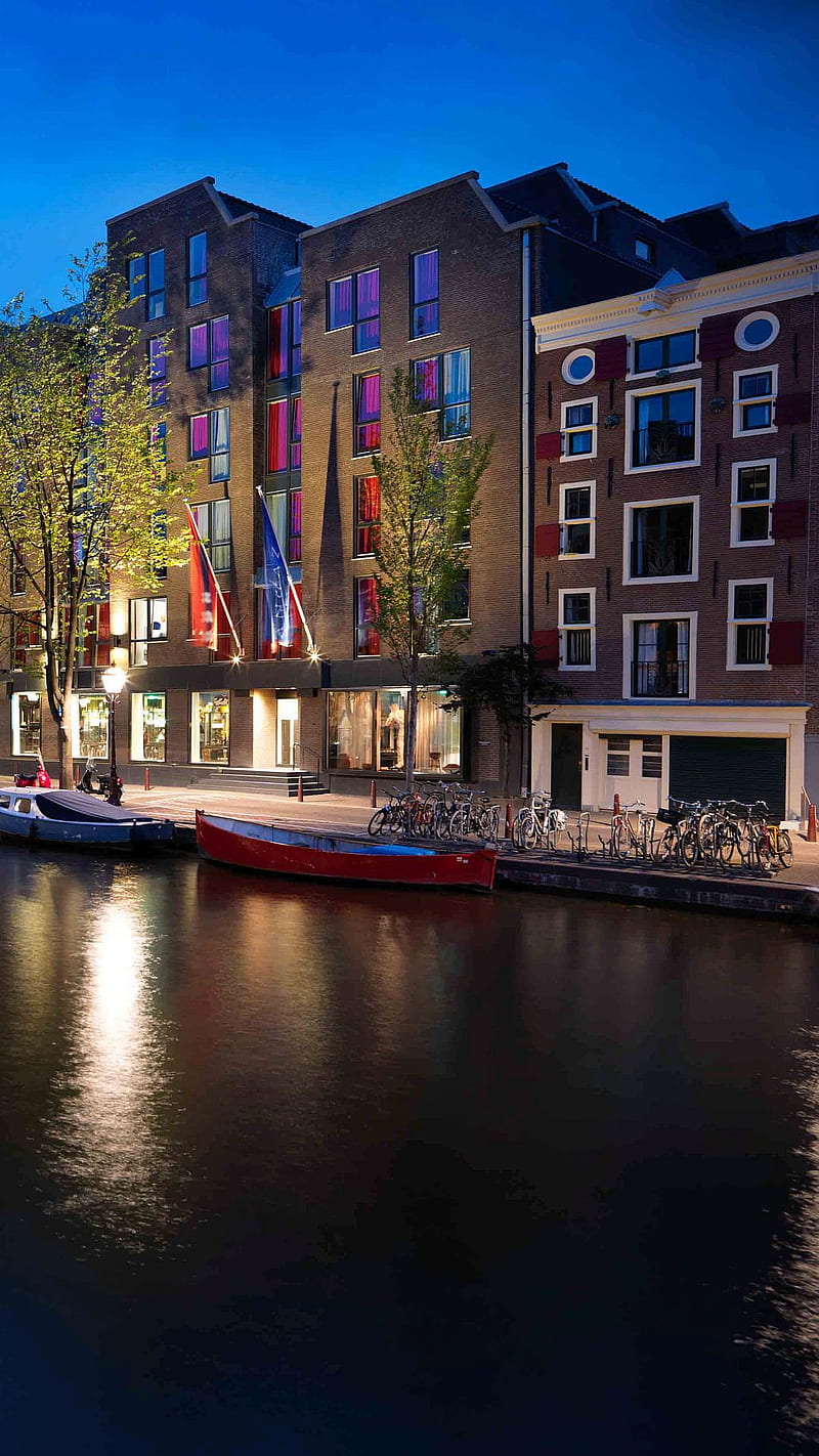 Amsterdam Evening, boats, canal, sidewalk, waterway, HD phone wallpaper