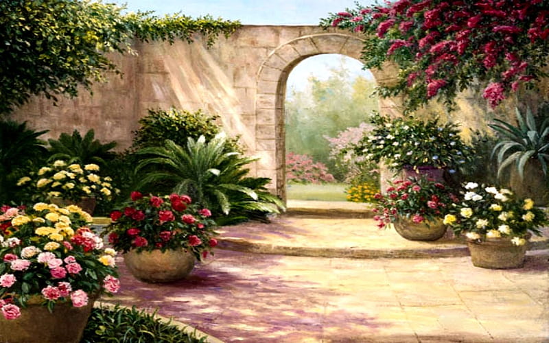 COURTYARD GARDEN, colorful, courtyard, cottage, flowers, garden, HD wallpaper