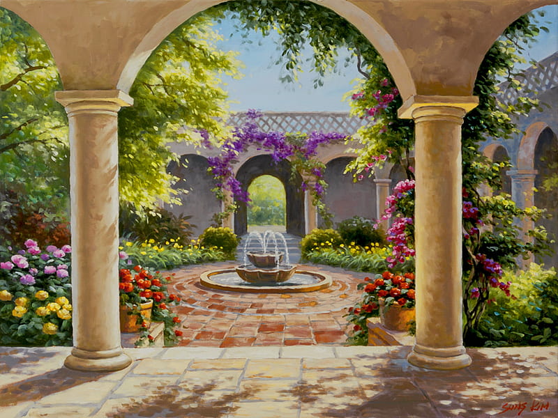 Wisteria garden, art, fountain, Sung Kim, bonito, wisteria, arch, paradise, painting, garden, HD wallpaper