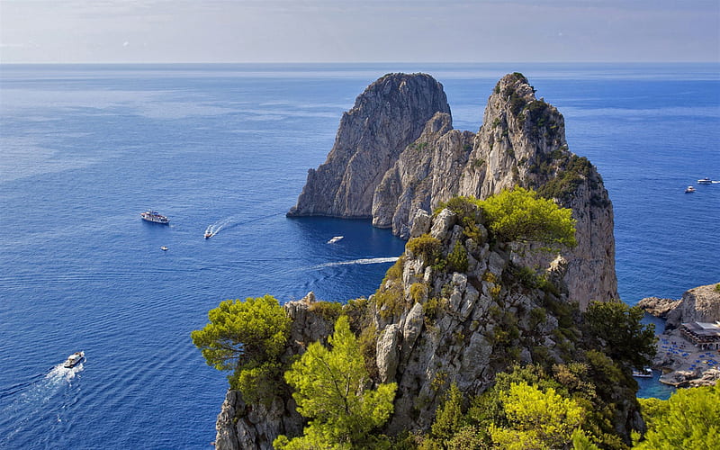 Faraglioni, cliffs, coast, summer, seascape, mediterranean, Capri, Italy, HD wallpaper