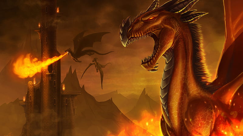 Fantasy Big And Small Dragons Are Breathing Fire on Castle Dreamy, HD wallpaper