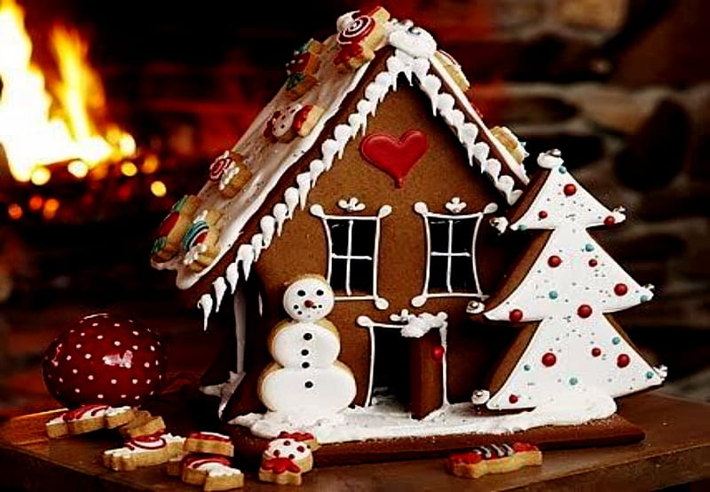 Gingerbread House Trees And Snowman, Trees, Abstract, Snow man, graphy, Gingerbread, House, HD wallpaper