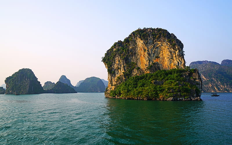 Ha Long Bay, Quang Ninh Province, Vietnam, tropical islands, bay, emerald bay, sunset, ocean, HD wallpaper