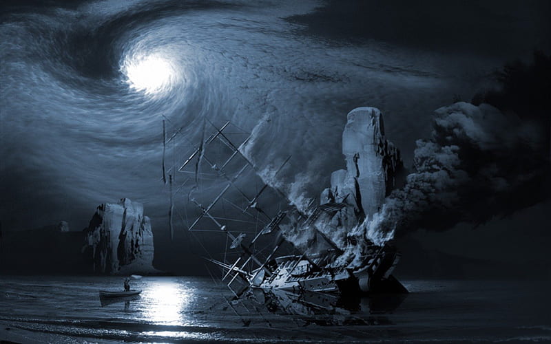 SHIP WRECKED, moon, night, ship wreck, HD wallpaper
