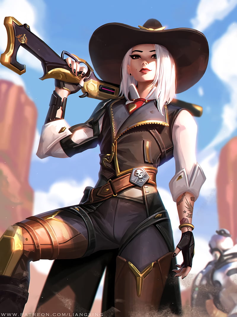 digital art, artwork, women, Liang Xing, Liang-Xing, looking at viewer, Overwatch, Blizzard Entertainment, white hair, cowgirl, brown eyes, western, Ashe (Overwatch), cowboy hats, video games, HD phone wallpaper