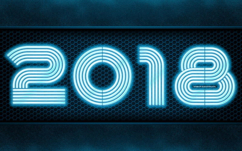 2018 year blue neon, art, metal background, 2018, New Year 2018, metal grid, creative, HD wallpaper