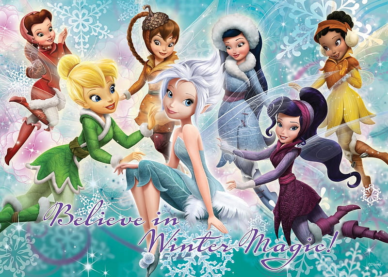 Disney fairies, fawn, tinker bell, silvermist, winter, fantasy, rosetta, girl, perywinkle, vidia, fairy, disney, iridessa, HD wallpaper
