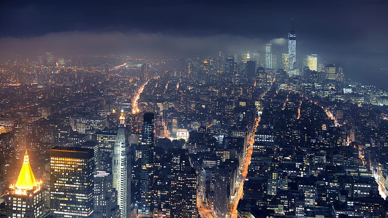 fog over new york city, city, streets, lights, fog, night, skyscrapers, HD wallpaper
