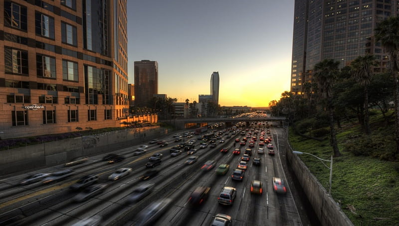 highway traffic at sunset, highway, carros, city, traffic, bridge, sunset, HD wallpaper