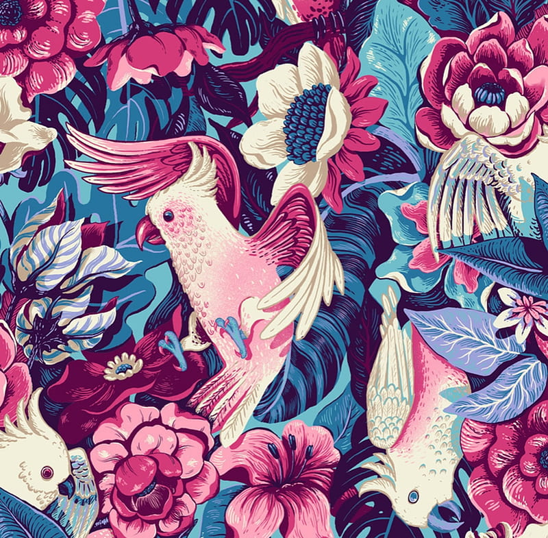 Texture, paper, parrot, pink, blue, pattern, exotic, vara, bird, celandine, flower, pasari, summer, white, HD wallpaper