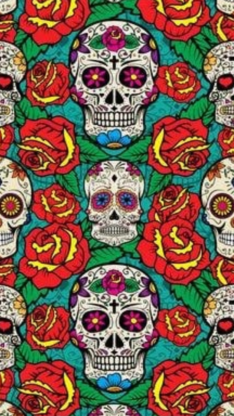 Sugar Skull , colorful, day of the dead, flowers, roses, skeletons, skulls, sugar skulls, HD phone wallpaper