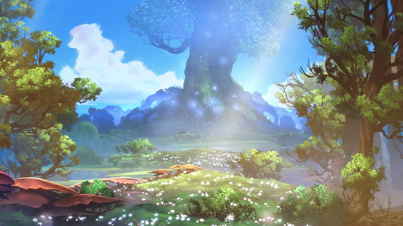 ori and the blind forest, game landscape, giant tree, white flowers, Games, HD wallpaper