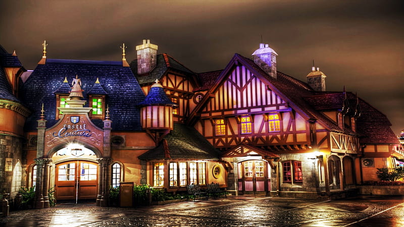 Castle Couture, Disneyland, California, buildings, anaheim, r, lights, night, HD wallpaper