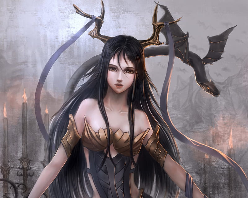 Vampire, dress cg, bonito, dragon, lizard, anime, hot, beauty, anime girl, realistic, long hair, gorgeous, black hair, female, sexy, demon, girl, horn, sinister, devil, HD wallpaper