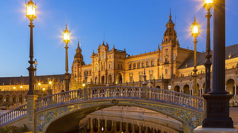 fantastic plaza in sevilla spain, building, bridge, dusk, plaza, river, lights, HD wallpaper