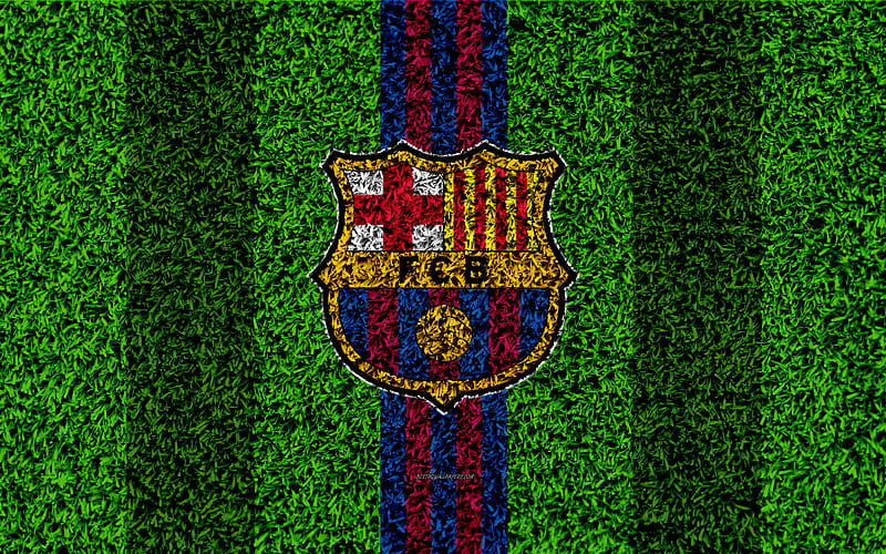 FC Barcelona logo, football lawn, Spanish football club, blue maroon lines, grass texture, emblem, Barcelona, Catalonia, Spain, football, HD wallpaper