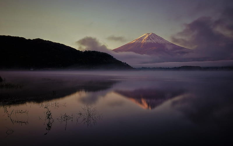 Mt. Fuji, japanese, sky, lake, fog, mist, mountain, japan, nature, fujiyama, fuji, HD wallpaper