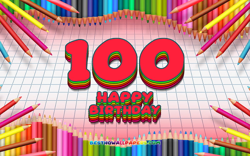 Happy 100th birtay, colorful pencils frame, Birtay Party, red checkered background, Happy 100 Years Birtay, creative, 100th Birtay, Birtay concept, 100th Birtay Party, HD wallpaper
