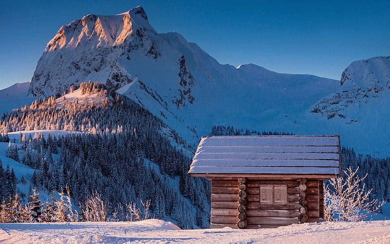 Gantrisch Nature Park snowdrifts, hut, Alps, Switzerland, Europe, HD wallpaper