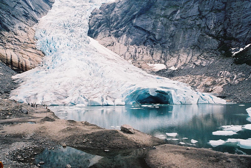 Glacier, rocks, water, people, ice, huge, HD wallpaper