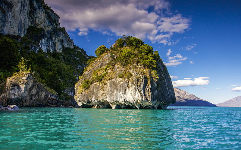 ocean, rocky coast, beautiful island, mountain landscape, Patagonia, Chile, HD wallpaper