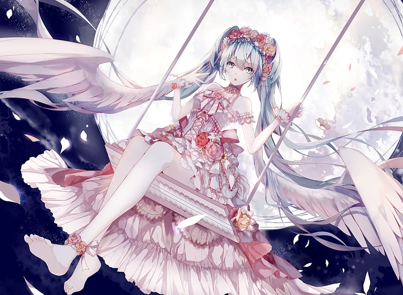 Hatsune Miku, wings, dress, moon, angel, manga, moon, girl, swing, feather, anime, amatsukiryoyu, pink, HD wallpaper