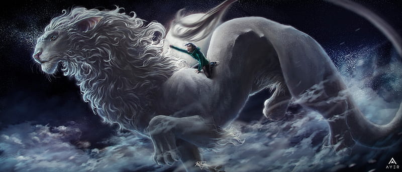 Matt riding a dragon lion, luminos, kaithzer morejon, matt, dragon, lion, cloud, moon, boy, fantasy, moon, HD wallpaper