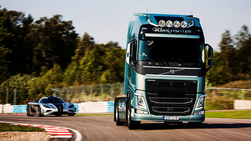 Volvo Truck And Car, volvo, truck, carros, track, racing, HD wallpaper