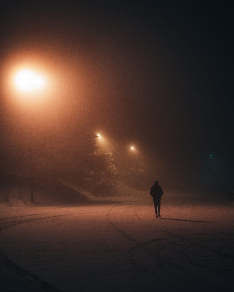 silhouette, alone, night, snow, lights, HD phone wallpaper