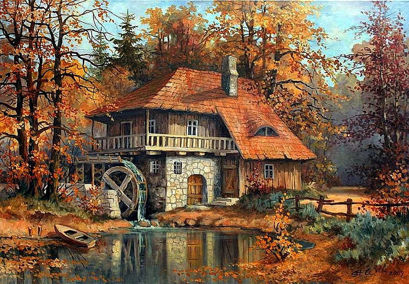 Stanislaw Wilk. watermill, art, mill, painting, river, stanislaw wilk, HD wallpaper