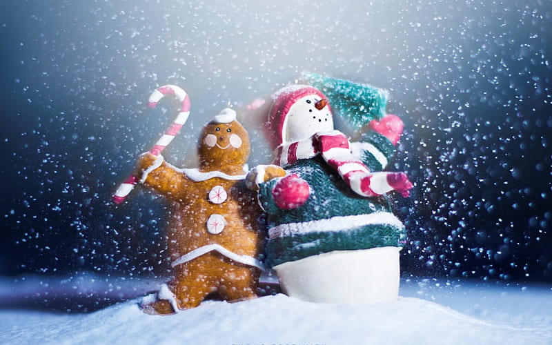 xmas buddies, cute, christmas, holiday, snow, snowman, gingerbread man, winter, HD wallpaper