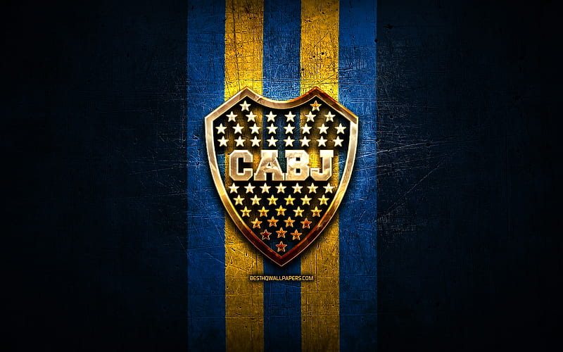 Boca Juniors FC, golden logo, Argentine Primera Division, blue metal background, football, CA Boca Juniors, argentinian football club, Boca Juniors logo, soccer, Argentina, Club Atletico Boca Juniors, HD wallpaper
