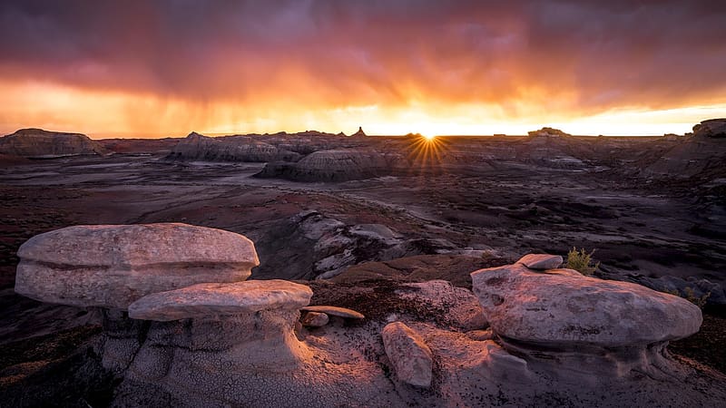 De-Na-Zin Wilderness Area, New Mexico, usa, clouds, landscape, trees, sky, rocks, sunset, HD wallpaper