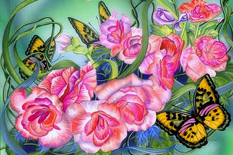 ✫Sweet Begonias✫, colorful, attractions in dreams, bonito, digital art, sweet, paintings, flowers, lovely flowers, drawings, pink, butterfly designs, animals, lovely, colors, love four seasons, creative pre-made, butterflies, spring, roses, plants, garden, beloved valentines, HD wallpaper