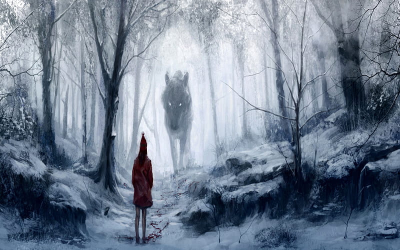 WHO'S AFRAID OF THE BIG BAD WOLF?, gloomy, forest, female, wolf, HD wallpaper