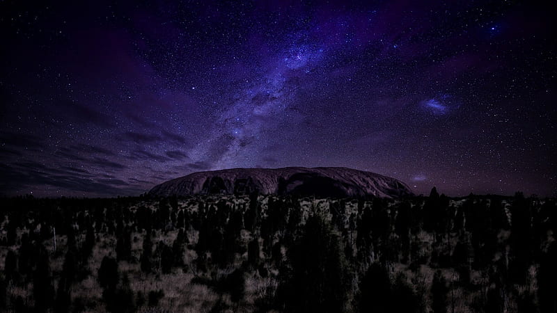 ayers rock in australia under the stars, stars, rock, dark, trees, night, HD wallpaper