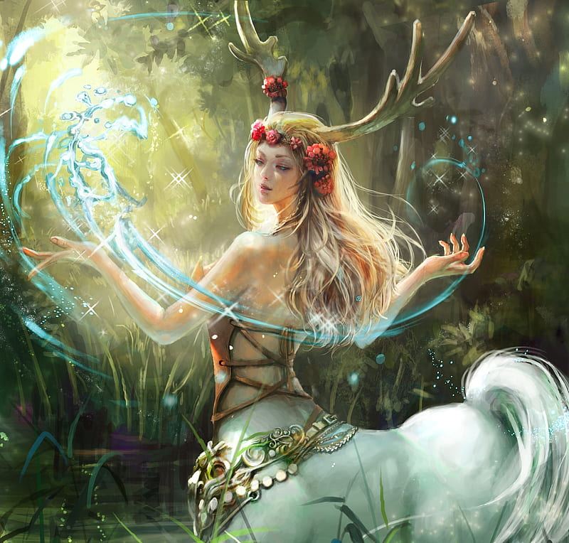Centaur girl, forest, fantasy, luminos, girl, lana g, white, horns, centaur, HD wallpaper