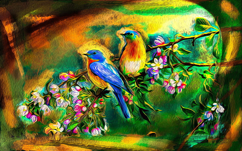 Paradise Birds, flowers, resting, colors, artwork, light, HD wallpaper