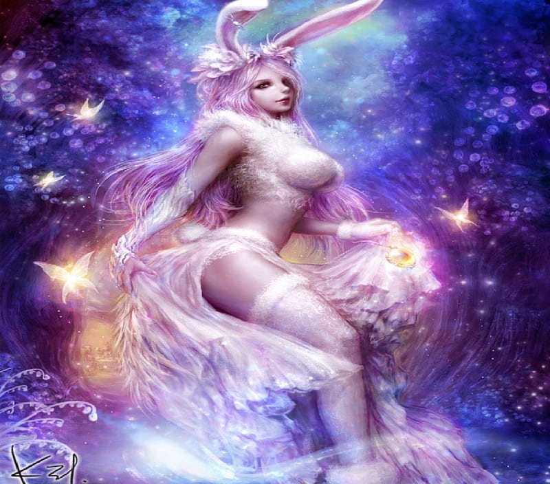 Pink Rabbit, fairies, long ears, woman, pink, fur, HD wallpaper