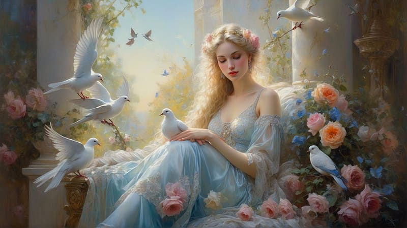 Serene Beauty, art, doves, roses, beautiful, girl, serene, fantasy, lamamake art, woman, blond, digital, princess, HD wallpaper