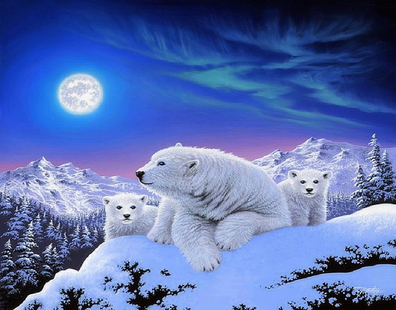 ✫Dreams of Polar Bears✫, moons, blue dreams, polar bears, love four seasons, creative pre-made, trees, sky, winter, paintings, snow, mountains, landscapes, bears, animals, HD wallpaper