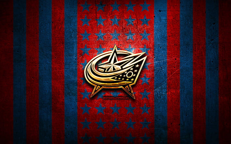 Columbus Blue Jackets flag, NHL, blue red metal background, american hockey team, Columbus Blue Jackets logo, USA, hockey, golden logo, Columbus Blue Jackets, HD wallpaper