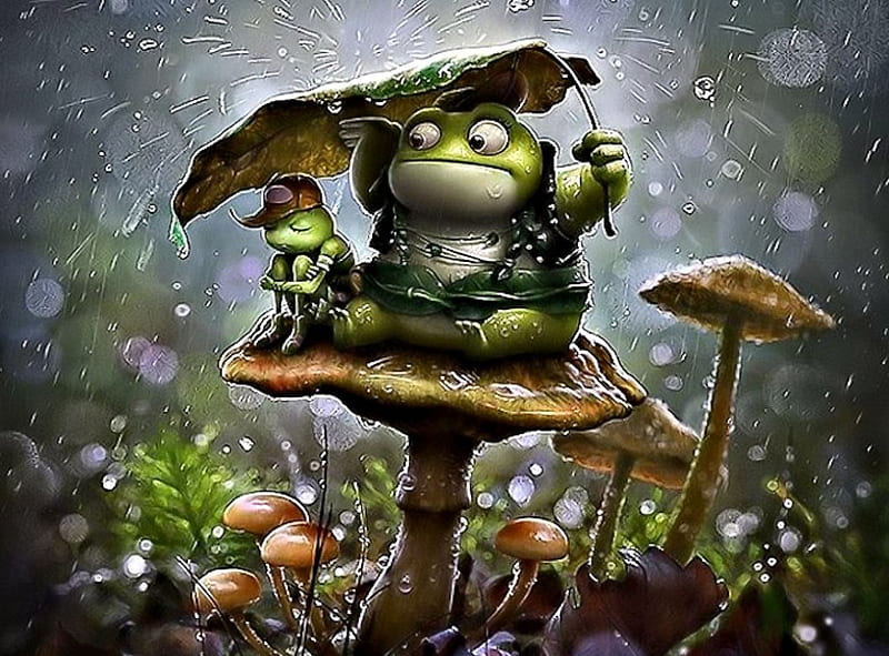 Rainy Day, cute, rain, Frog, Art, HD wallpaper