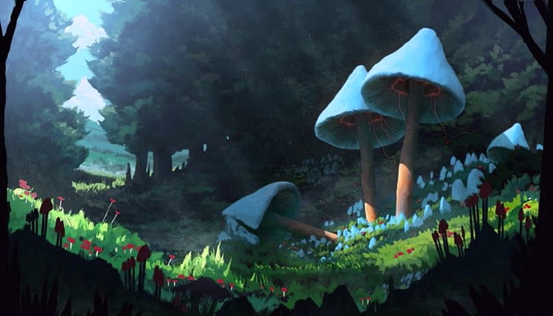 Blue Mushrooms, Abstract, Blue, Fantasy, Mushrooms, HD wallpaper